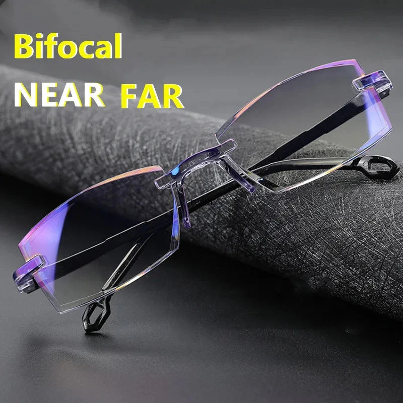 2 Pair New Men Women Rimless Reading Glasses Anti Blue Light Bifocal Far Near Magnification Eyewear Presbyopic Glasses +150 +200 99 in 1