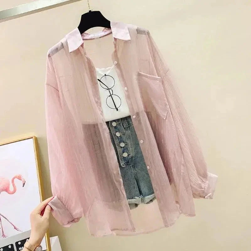 Summer Sunscreen Shirt Elegant Perspective Thin Chiffon Blouse Korean Harajuku See Through Loose Top Casual Women's Cardigan 99 in 1