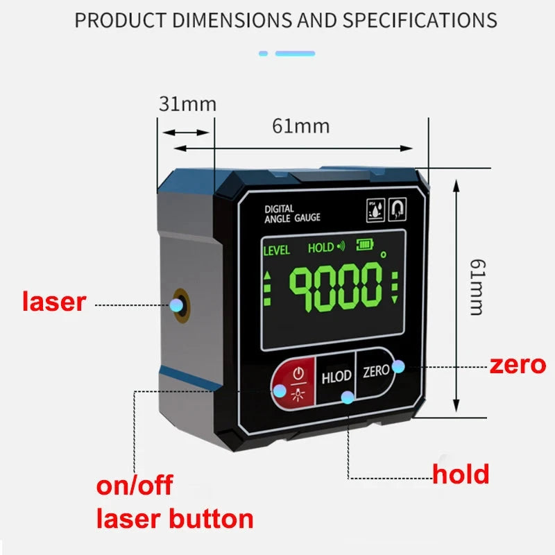 Magnetic digital goniometer with electronic laser USB rechargeable protractor 99 in 1