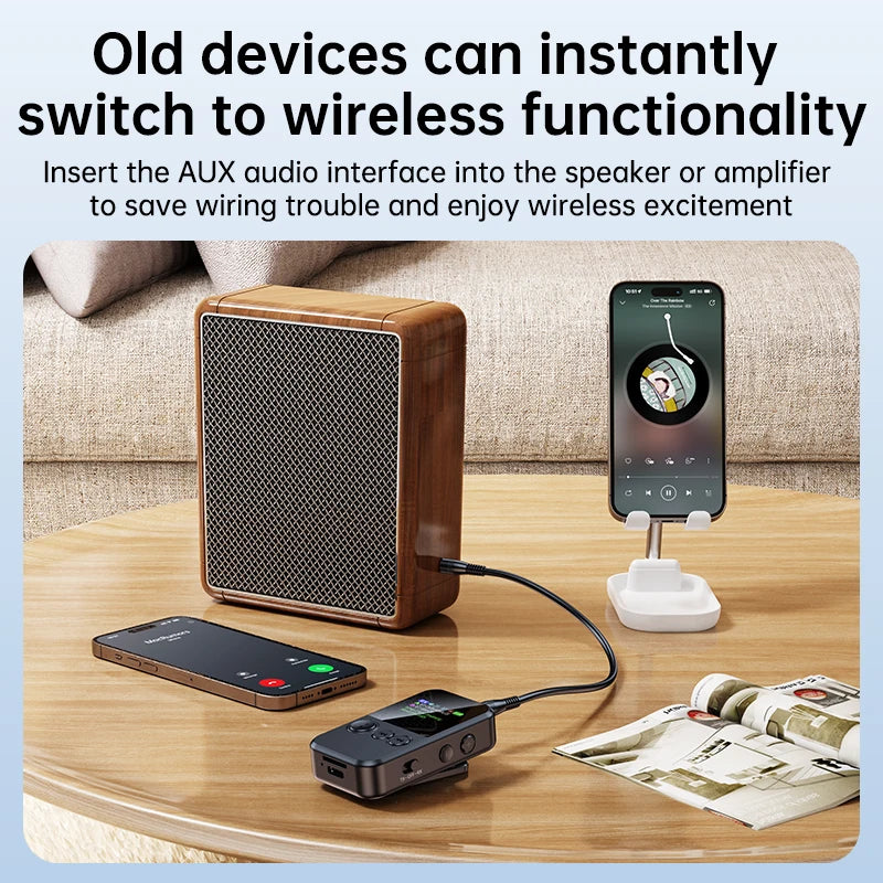 Lavalier Bluetooth 5.4 Audio Receiver Transmitter 3.5mm AUX TF Card Play Wireless Adapter with LCD Display For PC TV Speaker