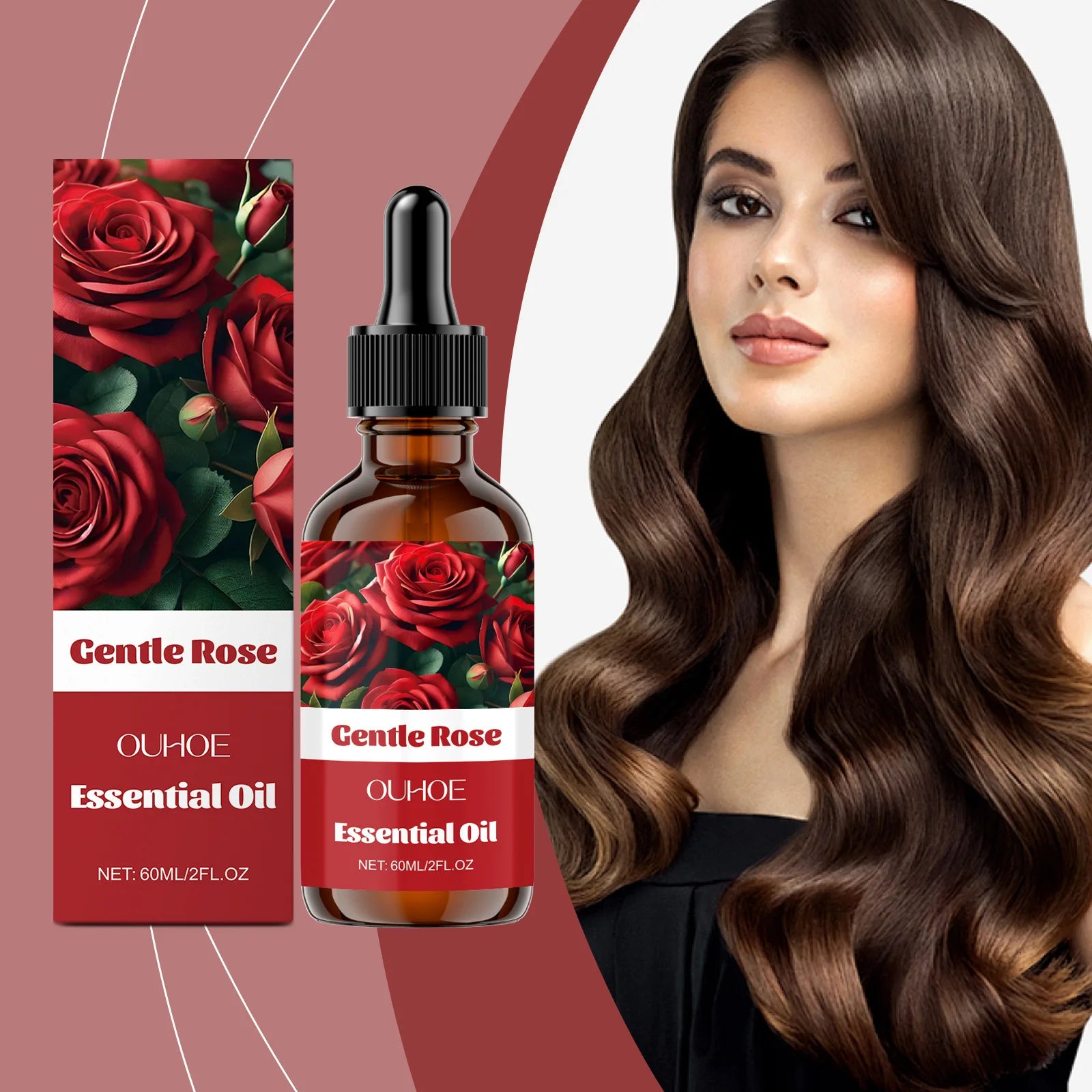 OUHOE Essential Oil Gentle Rose for deep hydration, featuring a model with beautiful hair and rose-themed packaging.