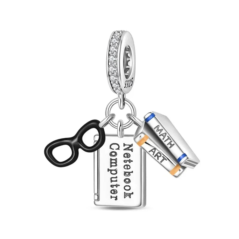 Back To School 925 Sterling Silver Charms Bag Earphone Magic Cube Watch Games Console Bead Pendant Fit Bracelet Necklace Jewelry 99 in 1