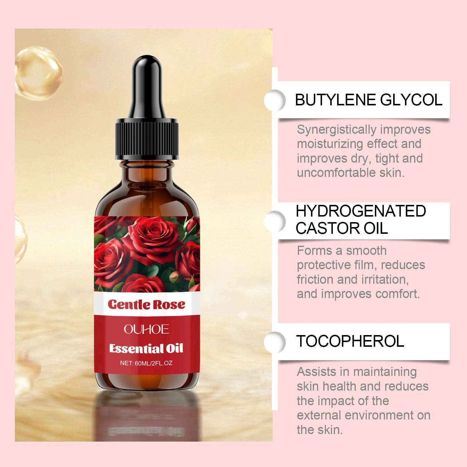 OUHOE Essential Oil bottle with ingredients including Butylene Glycol, Hydrogenated Castor Oil, and Tocopherol on a pink background.