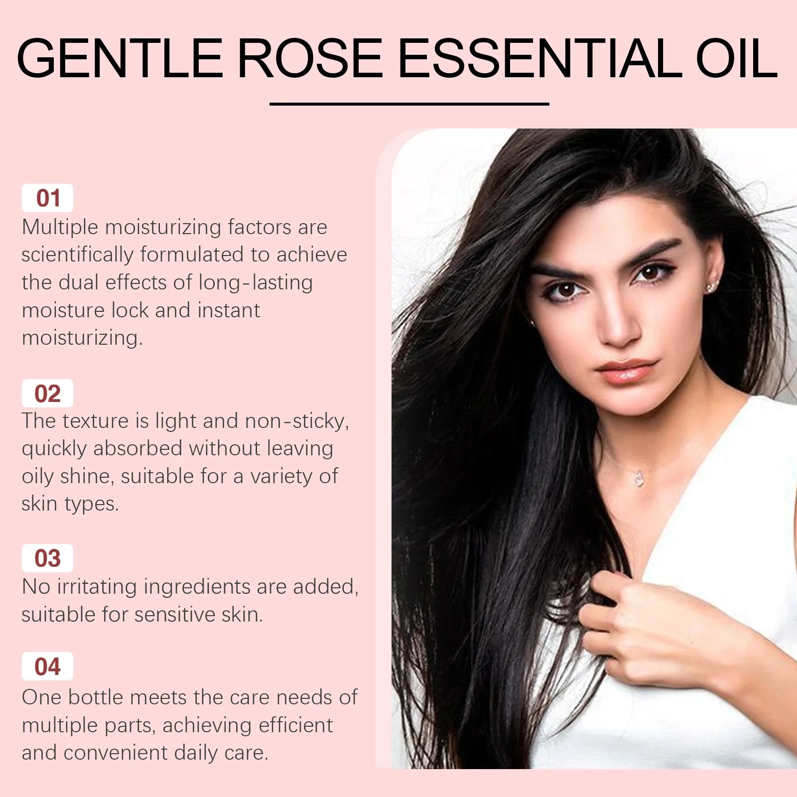 Promotional image for Gentle Rose Essential Oil highlighting its moisturizing benefits and suitability for all skin types.